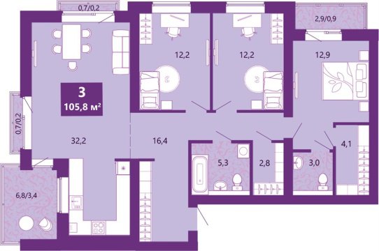 3-к квартира, 2/4 эт., 108м²